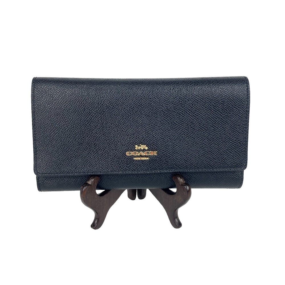 New Coach Leather Trifold Wallet Black Clutch Coin Pocket Purse